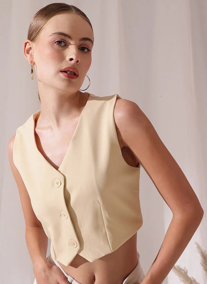 STREET 9 Cream V-Neck Sleeveless Waistcoat for Women