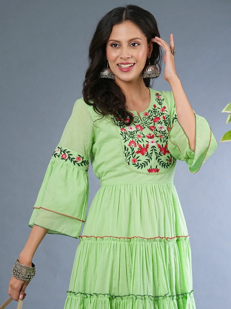 globus Women Floral Embroidered Bell Sleeves Gathered Tiered Cotton Fit & Flare Dress