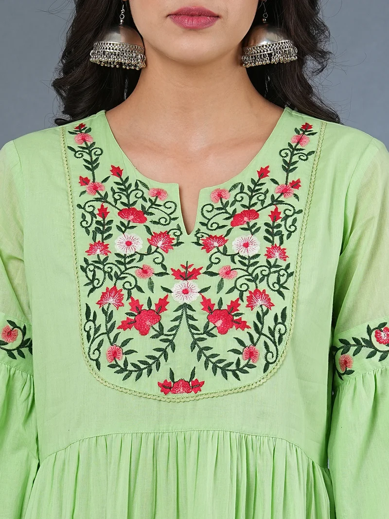 globus Women Floral Embroidered Bell Sleeves Gathered Tiered Cotton Fit & Flare Dress