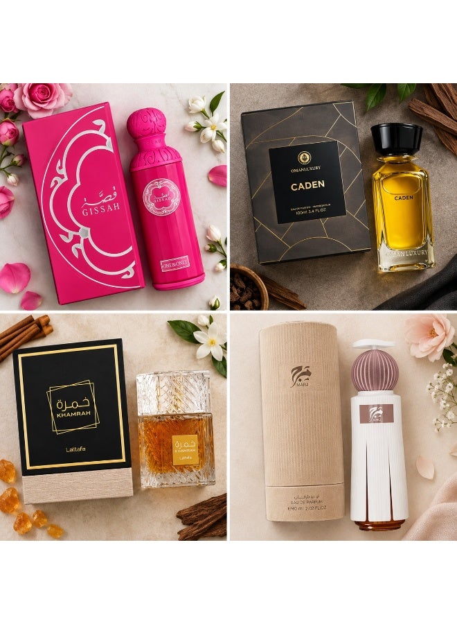 4-Piece Luxury Arabic Perfume Collection – Gissah One & Only 200 ml , Omanluxury Caden 100ml, Lattafa Khamrah 100ml & Marj Eau de Parfum 60ml – Premium Fragrance Gift Set
