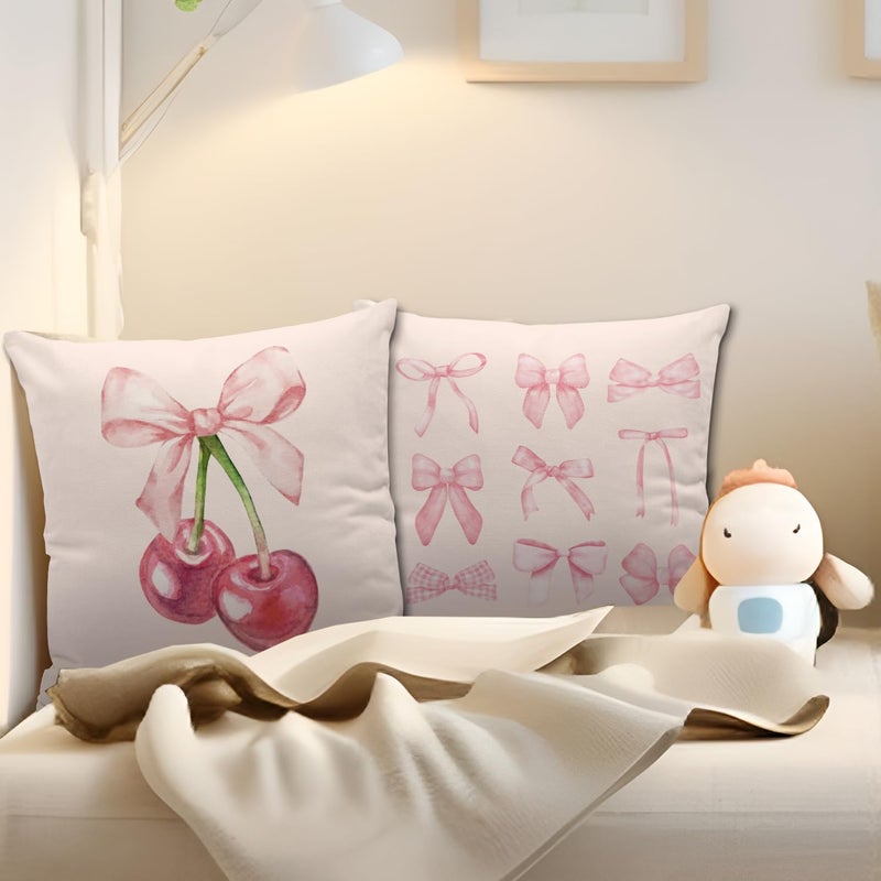 Nvotell Pink Cherry Decorative Pillow Covers Set of 2 - Preppy Bowknot Cases 18x18, Couch Covers, Coquette Room Decor, Bow Covers for Living Room Sofa Bed - Image 2