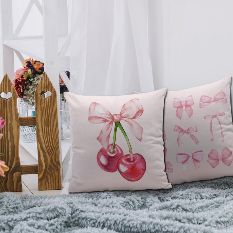 Nvotell Pink Cherry Decorative Pillow Covers Set of 2 - Preppy Bowknot Cases 18x18, Couch Covers, Coquette Room Decor, Bow Covers for Living Room Sofa Bed - Image 3