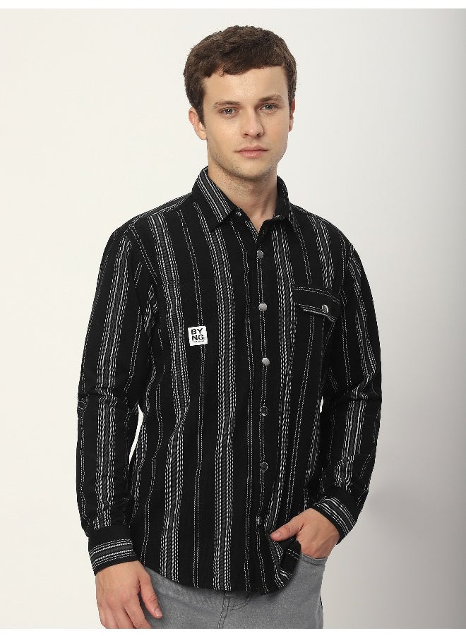 Beyoung Black Striped Cotton Corduroy Shirt  - Image 1