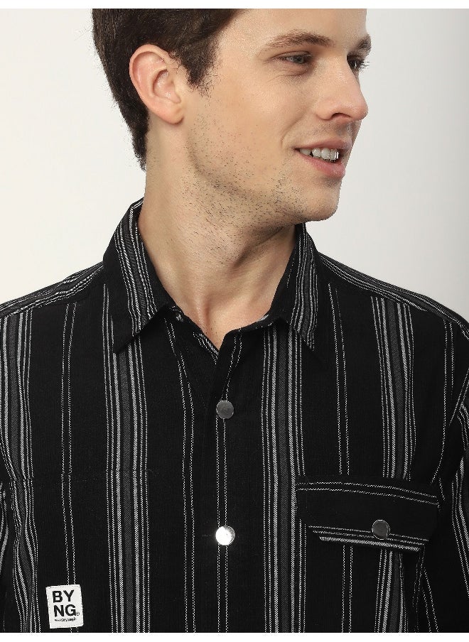 Beyoung Black Striped Cotton Corduroy Shirt  - Image 2