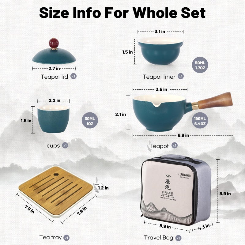 LURRIER Porcelain Chinese Gongfu Tea Set,Portable Teapot Set with 360 Rotation Tea maker and Infuser,Portable All in One Gift Bag for Travel,Home,Gifting,Outdoor and Office (Green) - Image 2