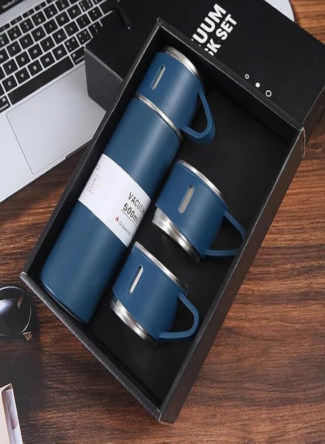 Nessan 3-Piece Stainless Steel Gift Set Vacuum Thermal Mug Flask Bottle with 2 Extra Cup Set Leak-proof Mug Insulated Travel Business Trip Water Bottle Thermos Hot & Cold Up to 12 Hours 500ml - Blue