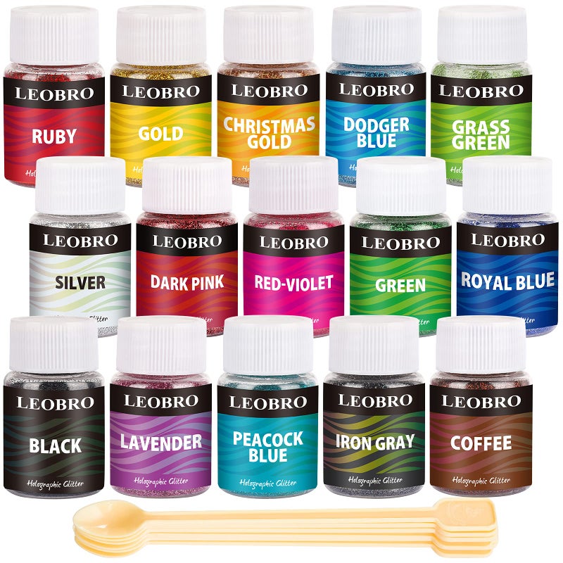 LEOBRO Holographic Fine Glitter 15 Colors Fine Glitter for Crafts Resin Jewelry Art Crafts Making Nail Body with 10 PCS Stir Spoons