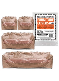 [Variety 4 Pack Plastic Furniture Covers For Moving & Storage -Couch Covers For Sofa, Loveseat & 2 Armchairs - 2 Mil Couch Cover For Moving - Plastic Cover For Couch - Sofa Cover For Moving