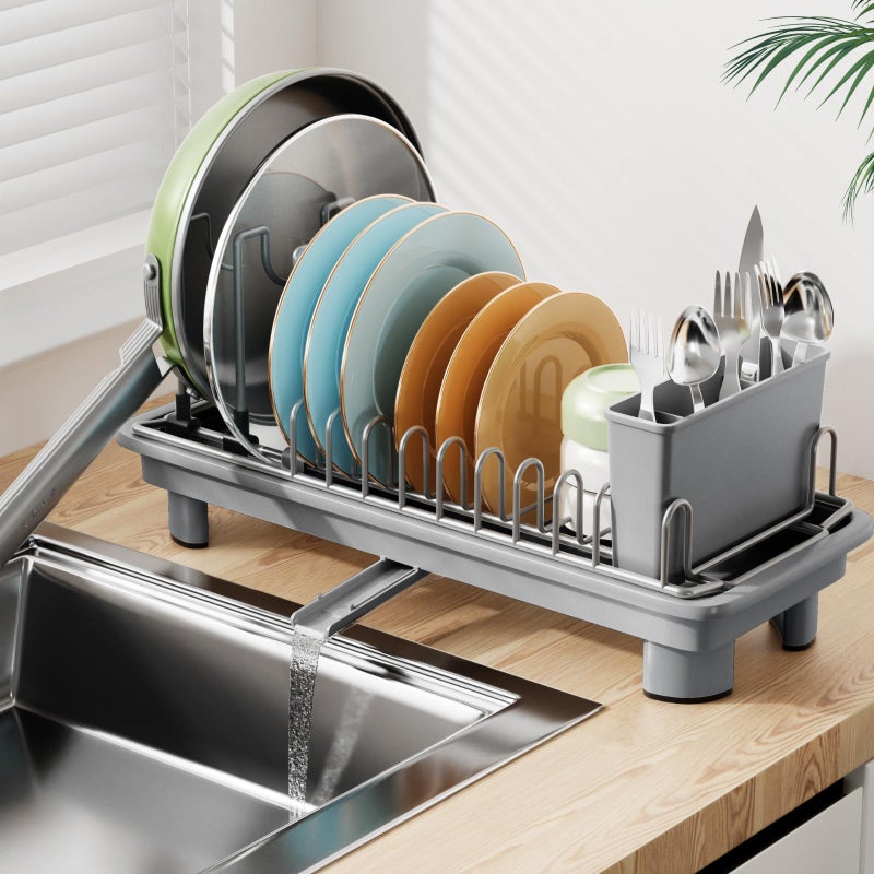 Laveshop Small Dish Drying Rack Compact Dish Drainer for Kitchen Counter with Adjustable Back Slots SpaceSaving for Small Kitchens Gray - Image 2