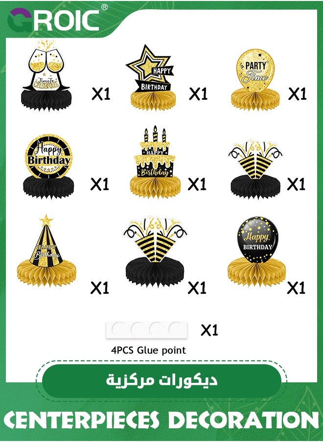 GROIC - 9 Pack Happy Birthday Centerpieces for Tables,Happy Birthday Table Decorations,Black and Gold Birthday Decorations,Party Table Decorations,Birthday Table Toppers - Image 1