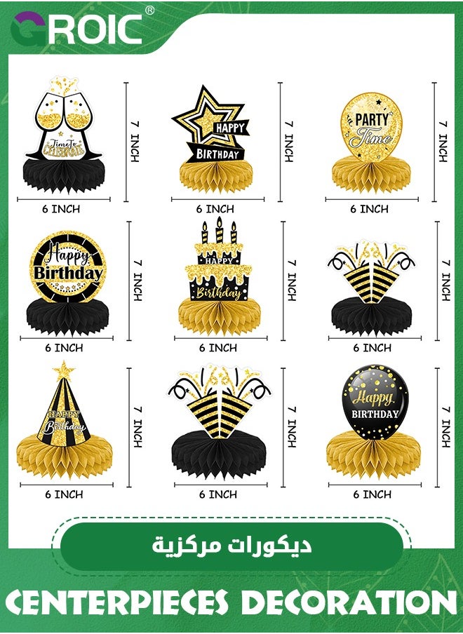 GROIC - 9 Pack Happy Birthday Centerpieces for Tables,Happy Birthday Table Decorations,Black and Gold Birthday Decorations,Party Table Decorations,Birthday Table Toppers - Image 1