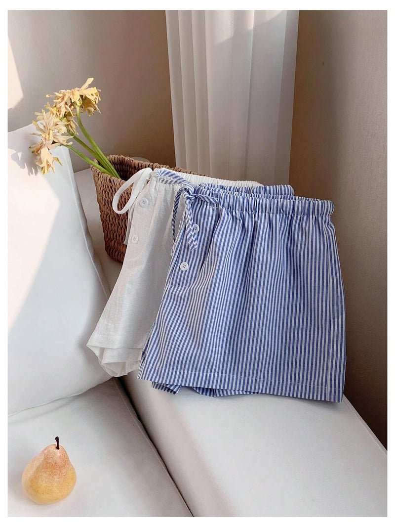 MakeMeChic Women's 2 Pack Linen Shorts Striped Gingham Summer Beach Pajama Boxer Shorts Blue White Large - Image 2