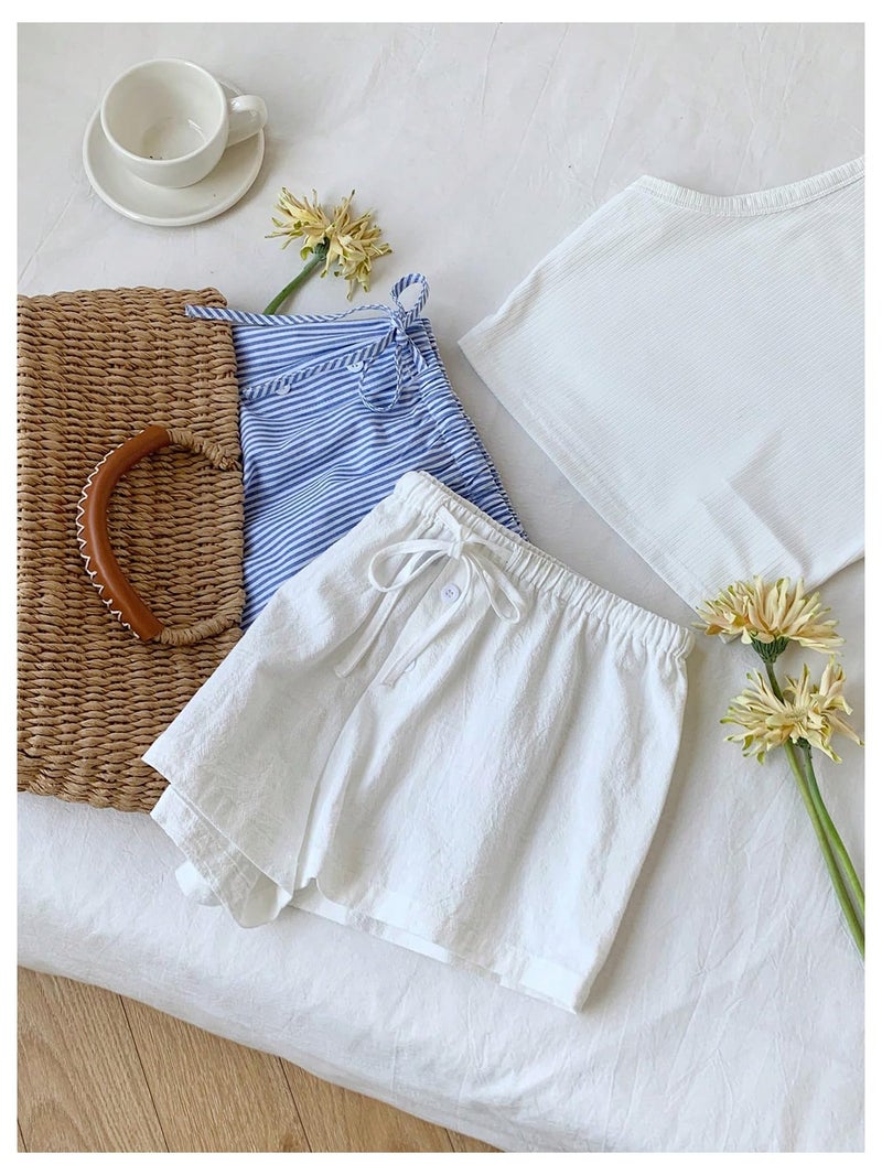 MakeMeChic Women's 2 Pack Linen Shorts Striped Gingham Summer Beach Pajama Boxer Shorts Blue White Large - Image 5