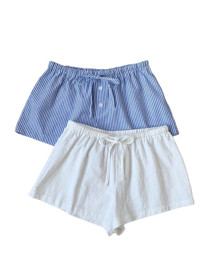 MakeMeChic Women's 2 Pack Linen Shorts Striped Gingham Summer Beach Pajama Boxer Shorts Blue White Large - Image 1