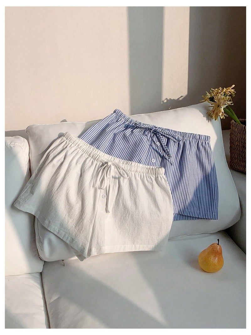 MakeMeChic Women's 2 Pack Linen Shorts Striped Gingham Summer Beach Pajama Boxer Shorts Blue White Large - Image 4