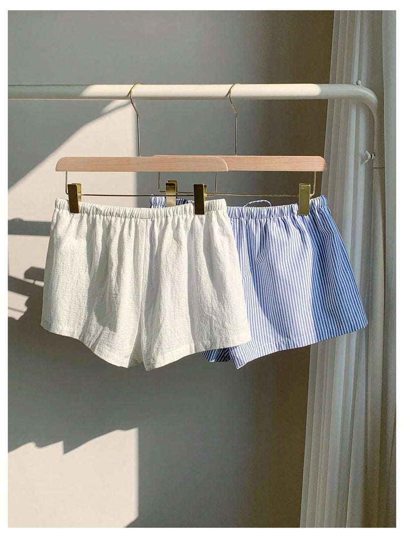 MakeMeChic Women's 2 Pack Linen Shorts Striped Gingham Summer Beach Pajama Boxer Shorts Blue White Large - Image 3