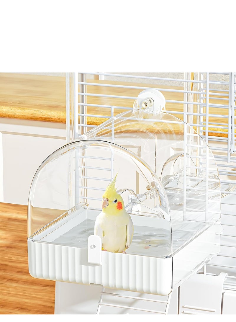 تراسل صندوق حمام الطيور المعلق، حمام الطيور للقفص، 3 في 1 حمام/وعاء/بيت متعدد الوظائف للطيور، إكسسوارات أقفاص الطيور مناسبة للطيور الصغيرة إلى المتوسطة، مثل طيور الحب، الببغاء والببغاوات، الببغاءات، المانيكين - Image 1
