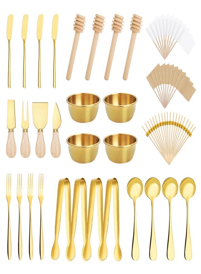 Foyucool 98 Pcs Charcuterie Board Accessories, Stainless Steel Cheese Spreaders with Wooden Handle Forks Spoons Mini Serving Tongs Honey Dippers Sauce Cups Toothpick Flags Charcuterie Utensils, Gold - Image 1