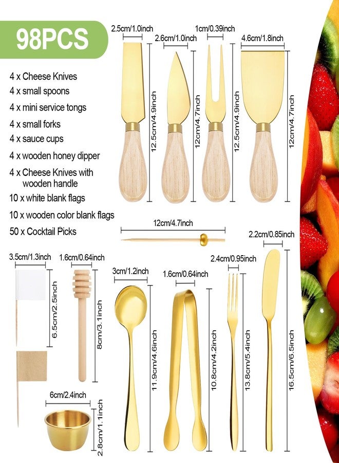 Foyucool 98 Pcs Charcuterie Board Accessories, Stainless Steel Cheese Spreaders with Wooden Handle Forks Spoons Mini Serving Tongs Honey Dippers Sauce Cups Toothpick Flags Charcuterie Utensils, Gold - Image 2