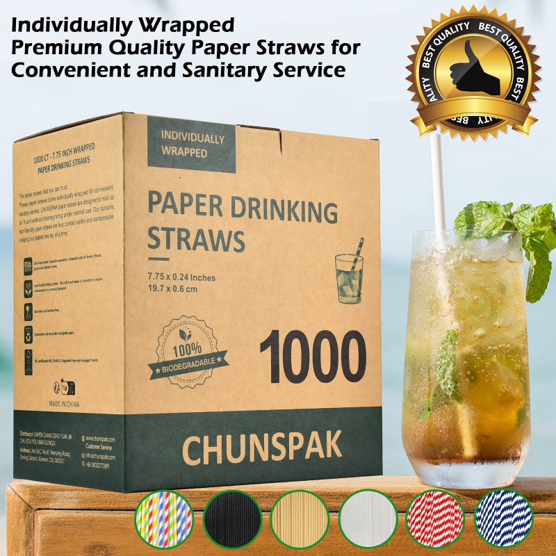 chunspak Disposable Paper Drinking Straws Bulk  Individually Wrapped - 7.75 Inch  Assorted Colors (Case of 1000) - Image 3