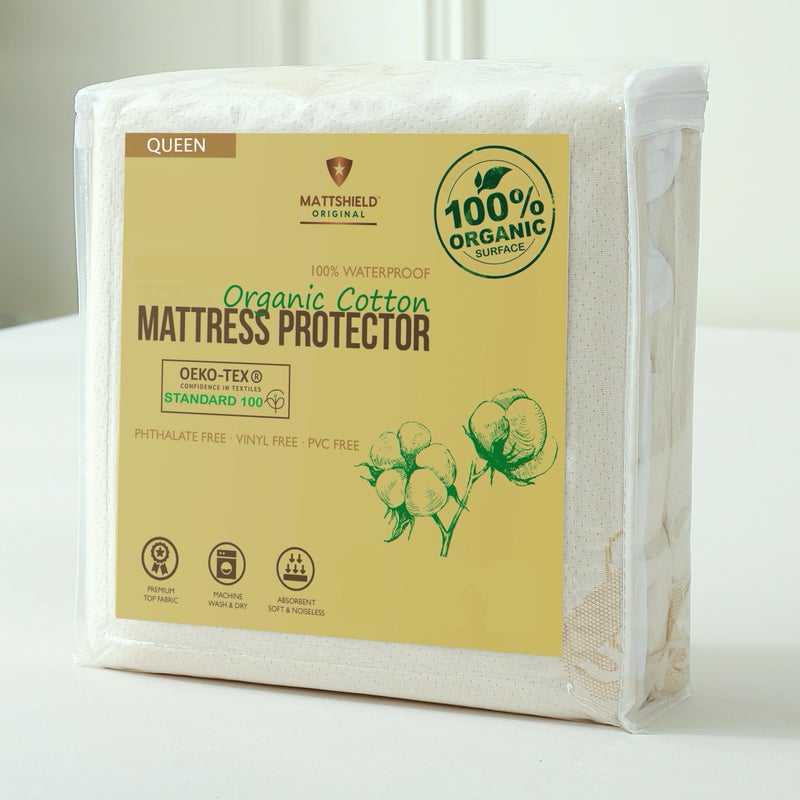 MATTSHIELD ORIGINAL Deluxe Waterproof Organic Mattress Protector Queen - Certified Organic Cotton Breathable Mattress Pad Cover - New 280 GSM Comfort - Jersey Cotton Skirt - Fitted Comfort - Image 1