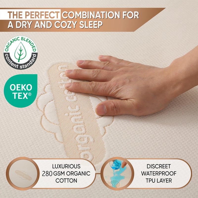 MATTSHIELD ORIGINAL Deluxe Waterproof Organic Mattress Protector Queen - Certified Organic Cotton Breathable Mattress Pad Cover - New 280 GSM Comfort - Jersey Cotton Skirt - Fitted Comfort - Image 4