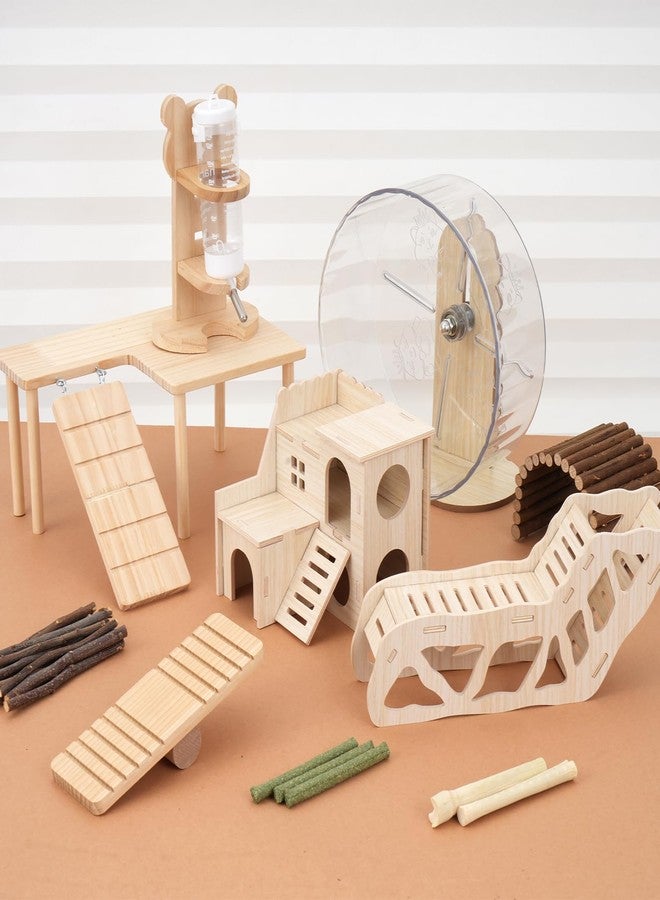 Foxtell Hamster Toys Complete Set - Noiseless Silent Exercise Wheel, Maze Wood House, Stand, Chew Toys & Water Bottle Cage Accessories for Hamster, Rat, Mice Small Animal Habitat - Image 3