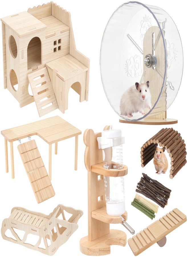 Foxtell Hamster Toys Complete Set - Noiseless Silent Exercise Wheel, Maze Wood House, Stand, Chew Toys & Water Bottle Cage Accessories for Hamster, Rat, Mice Small Animal Habitat - Image 1