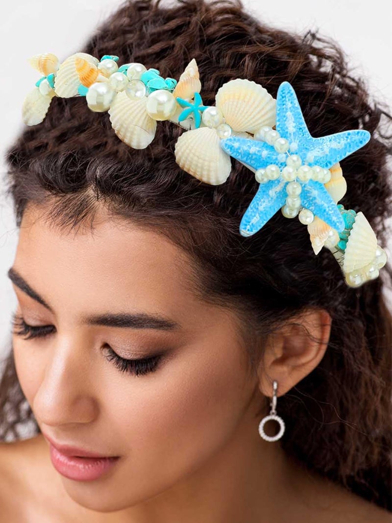 Unicra Starfish Headband Pearl Bridal Seashell Headpiece Beach Wedding Hair Accessories for Women and Girls