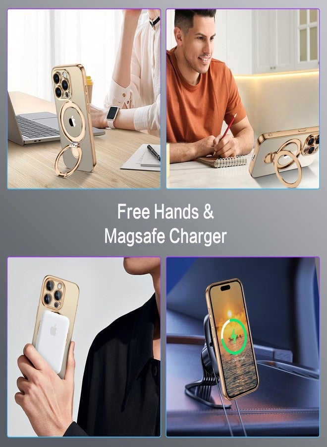 جراب GUAGUA لهاتف iPhone 15 Pro Max مع حامل، جراب مغناطيسي شفاف بحواف مطلية، حامل حلقي غير مرئي، نحيف، مقاوم للصدمات، جراب واقٍ مزود بحامل لهاتف iPhone 15 Pro Max مقاس 6.7 بوصة، لون ذهبي تيتانيوم صحراوي - Image 4