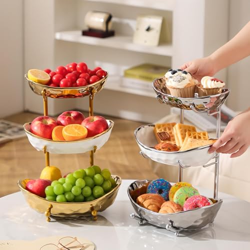 XUDREZ 3 Tier Fruit Bowl with Metal Stand for Kitchen Counter, Ceramic White Gold Silver, Tiered Fruit Basket for Nuts, Snacks, Bread, Candy Storage (Gold) - Image 4
