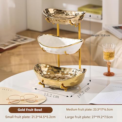 XUDREZ 3 Tier Fruit Bowl with Metal Stand for Kitchen Counter, Ceramic White Gold Silver, Tiered Fruit Basket for Nuts, Snacks, Bread, Candy Storage (Gold) - Image 2