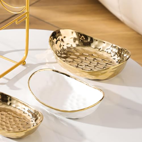 XUDREZ 3 Tier Fruit Bowl with Metal Stand for Kitchen Counter, Ceramic White Gold Silver, Tiered Fruit Basket for Nuts, Snacks, Bread, Candy Storage (Gold) - Image 5