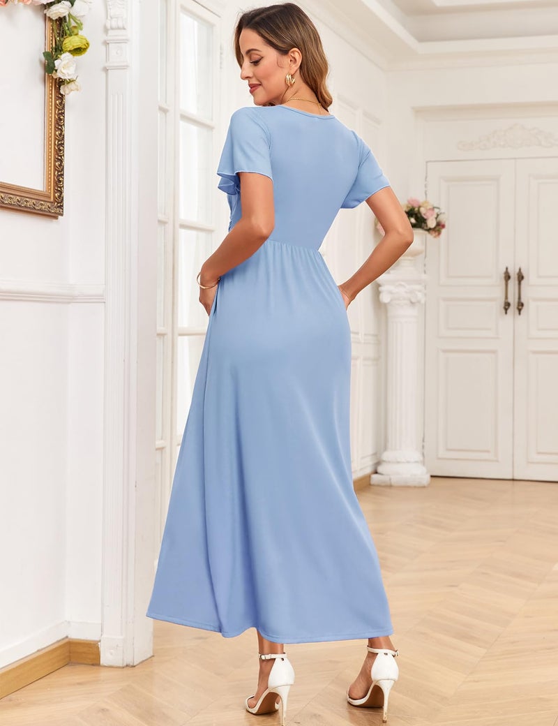 AISWI 2025 Women's Maternity Maxi Dress Ruffle Sleeve Wrap V Neck Pregnancy Dresses with Pockets Baby Shower Photoshoot Formal, Light Blue, Large - Image 2