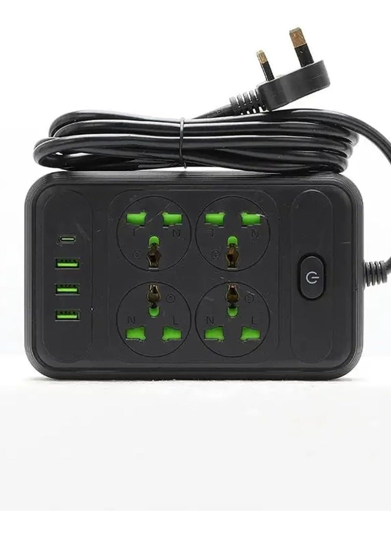ADAK ADAK Universal Power Socket with Overload Protection, 4 Power Outlets,3 USB Ports, 1 Type-C Port, 2m Cable, ABS/PP Material, 110-250V,10-16A, with Shutter Protector & Power Button (Black)  - Image 1