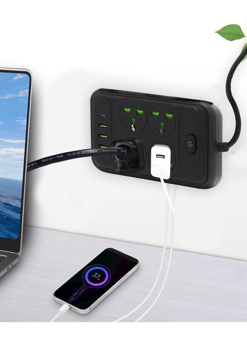 ADAK ADAK Universal Power Socket with Overload Protection, 4 Power Outlets,3 USB Ports, 1 Type-C Port, 2m Cable, ABS/PP Material, 110-250V,10-16A, with Shutter Protector & Power Button (Black)  - Image 2