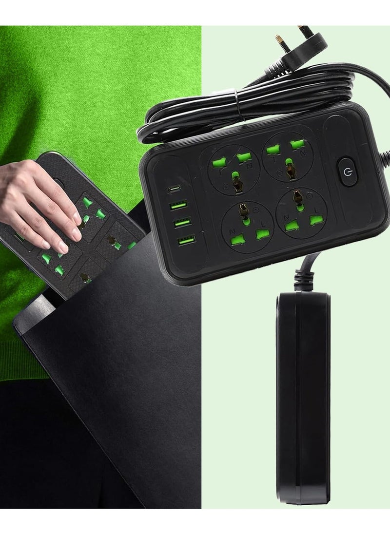 ADAK ADAK Universal Power Socket with Overload Protection, 4 Power Outlets,3 USB Ports, 1 Type-C Port, 2m Cable, ABS/PP Material, 110-250V,10-16A, with Shutter Protector & Power Button (Black)  - Image 4