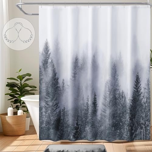 ORTIGIA Grey Shower Curtain for Bathroom, Misty Forest Shower Curtain Set with Rustproof Hooks, Decorative Pine Tree Fog Magic Bath Curtain for Home, Waterproof Fabric, Weighted, 72x72 - Image 1