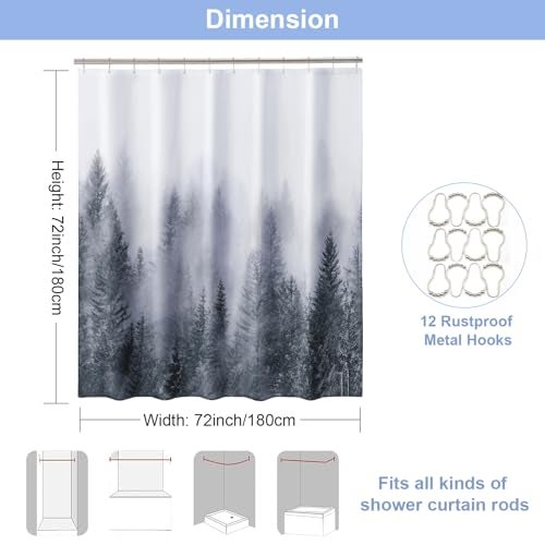 ORTIGIA Grey Shower Curtain for Bathroom, Misty Forest Shower Curtain Set with Rustproof Hooks, Decorative Pine Tree Fog Magic Bath Curtain for Home, Waterproof Fabric, Weighted, 72x72 - Image 2