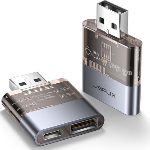 DC0011 USB Data Blocker Transparent 2 in 1 Fast Charging USB-A to USB-A and USB-C Data Blocker Only for Charging, Protection Against Juice Jacking, Rejects Piracy, Support Safe Charging