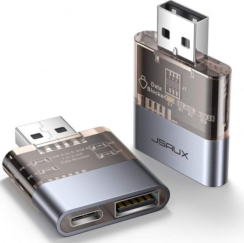 DC0011 USB Data Blocker Transparent 2 in 1 Fast Charging USB-A to USB-A and USB-C Data Blocker Only for Charging, Protection Against Juice Jacking, Rejects Piracy, Support Safe Charging