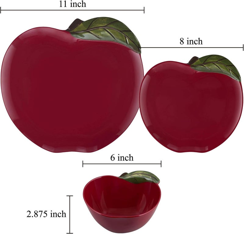 UP طقم أطباق خارجي من UPware مكون من 12 قطعة بتصميم تفاحي من الميلامين، أطباق وأوعية لخدمة 4 أشخاص باللون الأحمر - Image 3