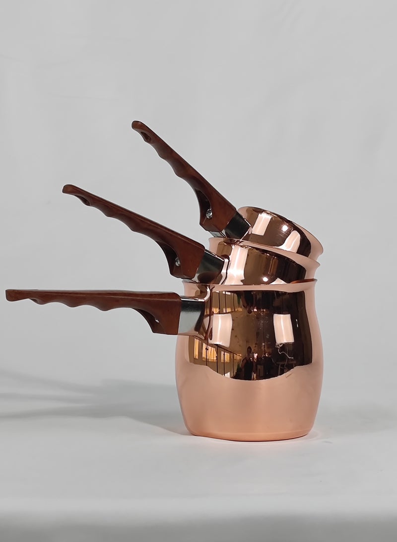 HTH Set of 3 Stainless Steel Classic Turkish Coffee Pots Wood Long Handle Coffee Warmer Milk Pot - Image 1