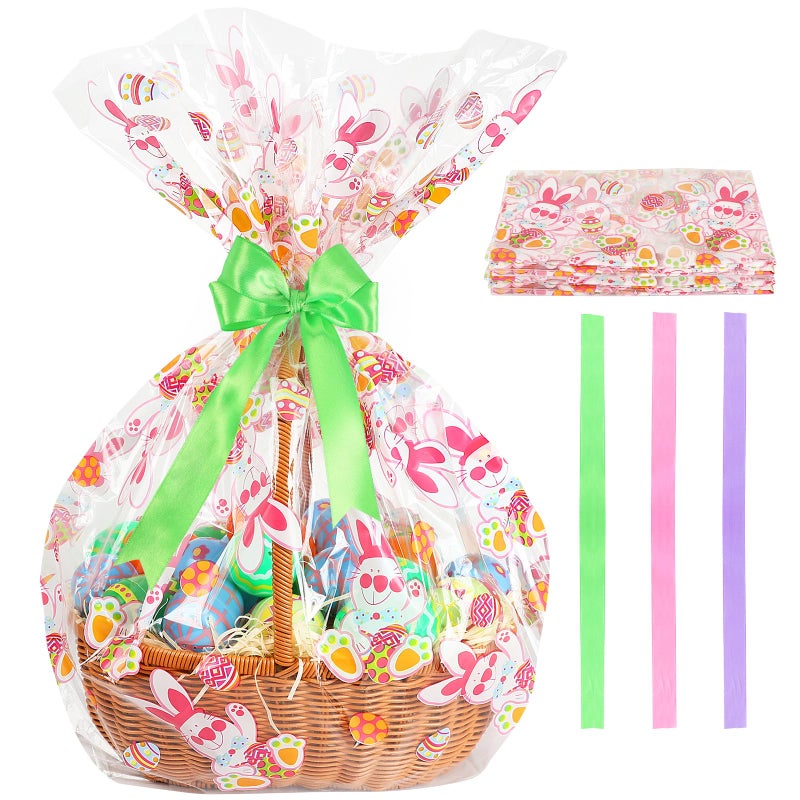 HRX Package 10 PCS Easter Basket Bags Flat Bottom 25.6x23.6x6.3 Inches, Large Clear Cellophane Wrap for Gifts & Basket Wrapping, Bunny & Egg Designs - Image 1