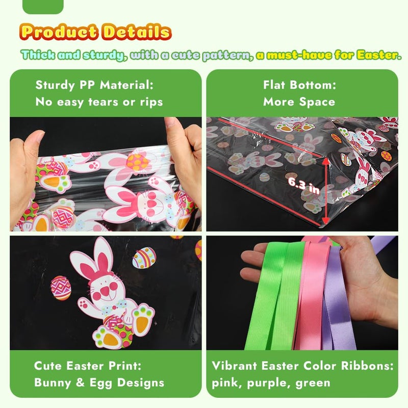 HRX Package 10 PCS Easter Basket Bags Flat Bottom 25.6x23.6x6.3 Inches, Large Clear Cellophane Wrap for Gifts & Basket Wrapping, Bunny & Egg Designs - Image 2