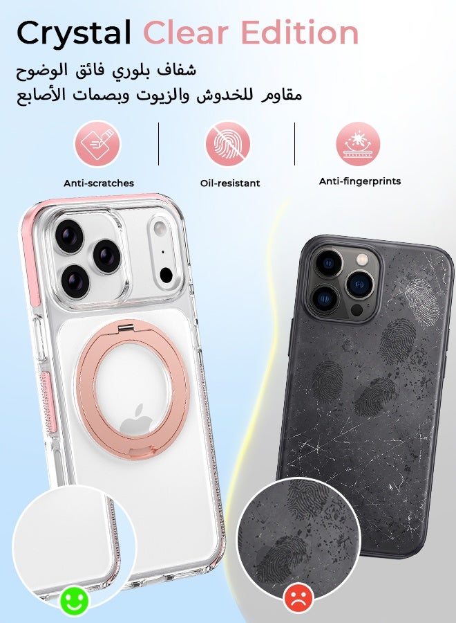 غطاء هاتف شفاف مغناطيسي لـ iPhone 17 Pro Max بلون وردي، متوافق مع شحن MagSafe، حامل دوار 360 درجة، مقاوم للصدمات بدرجة عسكرية - Image 4