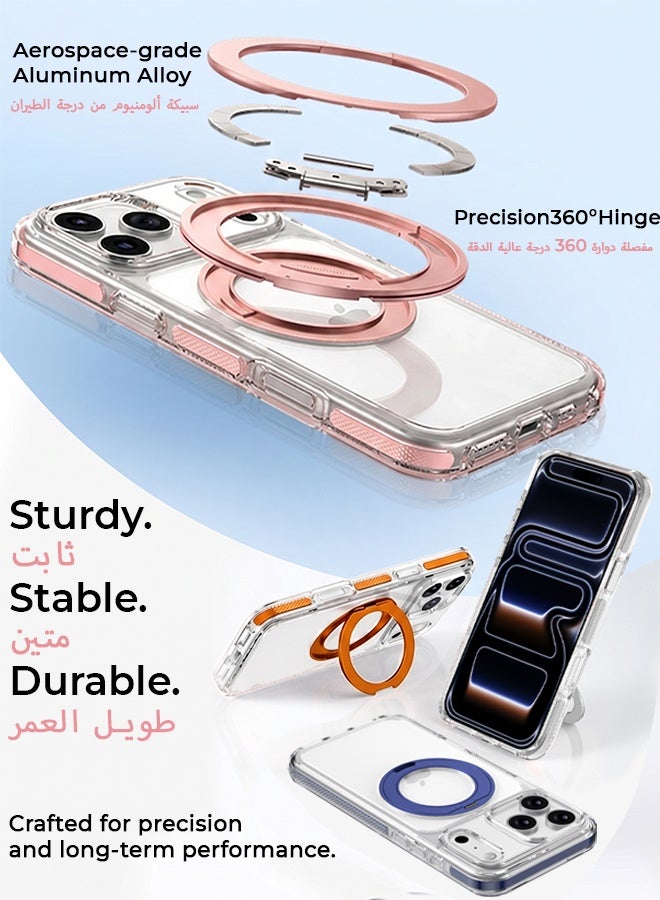 غطاء هاتف شفاف مغناطيسي لـ iPhone 17 Pro Max بلون وردي، متوافق مع شحن MagSafe، حامل دوار 360 درجة، مقاوم للصدمات بدرجة عسكرية - Image 5