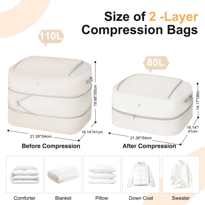 Easortm Comforter Storage Bag - 110L Large Capacity Blanket Storage Bags 2-Layer Ultra Space Saving Self Compression Organizer, Washable Compression Bags for Storage Comforter Blanket, 1-Pack, Beige - Image 2