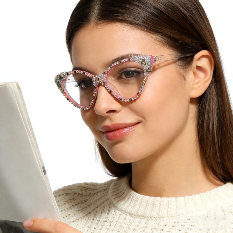 ICARA Bling Crystal Cat Eye Reading Glasses Rhinestone Blue Light Blocking Glasses for Women (ab grren, 2.5, x) - Image 3
