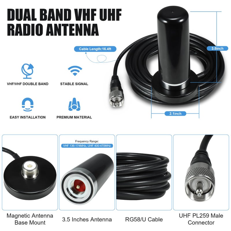 BASIKER 3 Inch Vehicle Mobile Ham Radio Antenna Dual Band VHF UHF 136-174MHz 400-470MHz, NMO Magnetic Base Mount SO239 PL-259 Plug 16.4ft RG58 Coaxial Cable, CB Radio Antenna Truck Car Accessories - Image 2